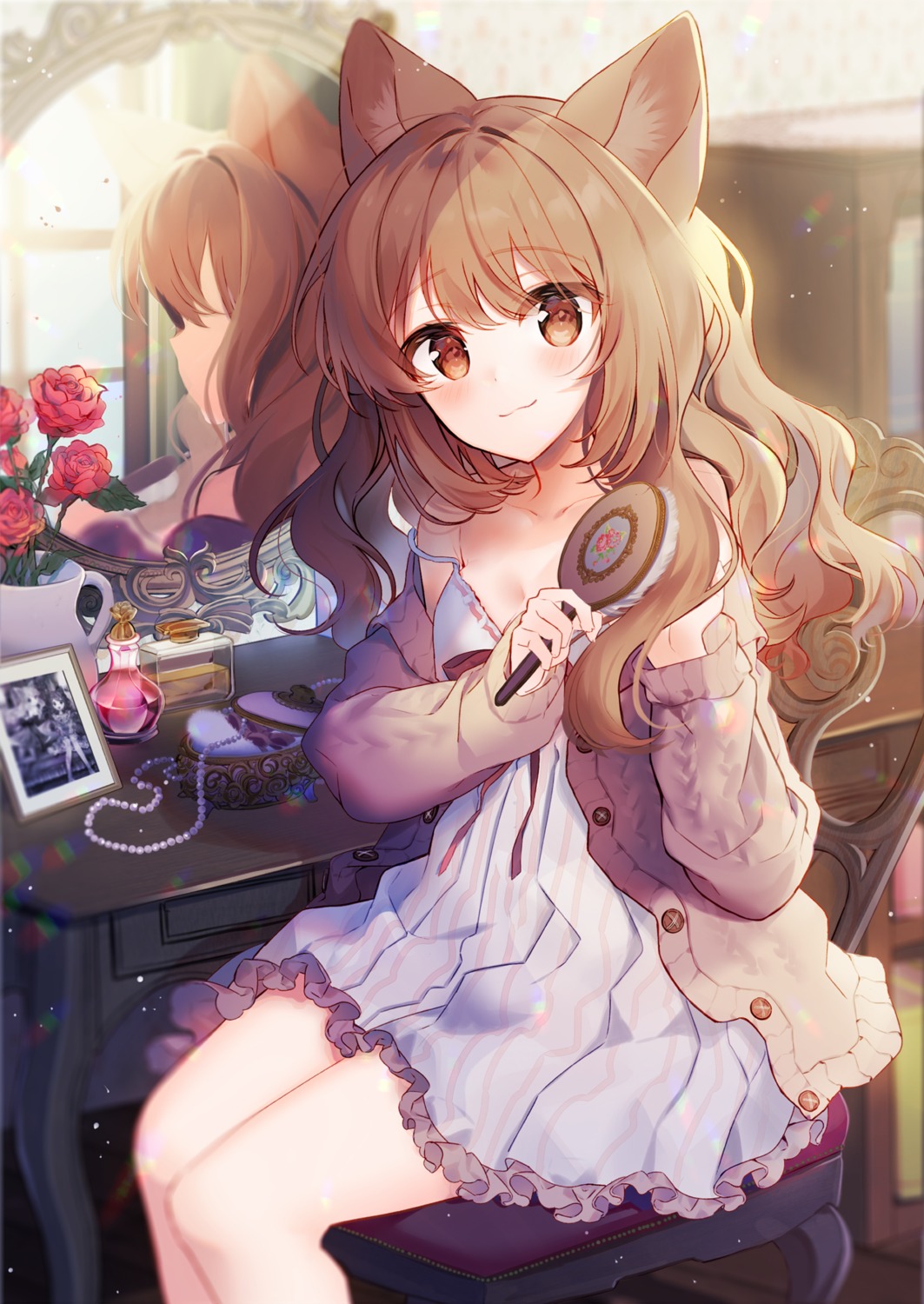 animal_ears, dress, kawachi_rin, nekomimi, sweater