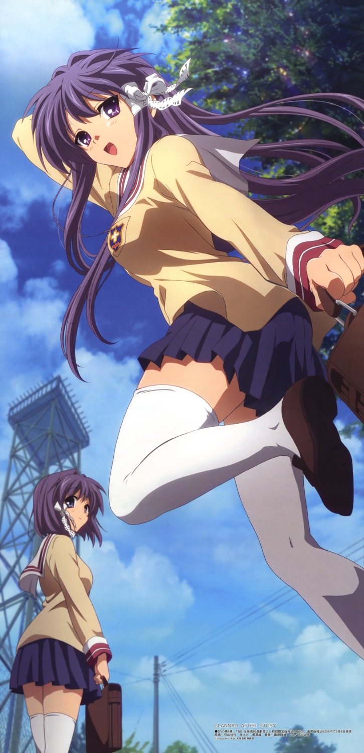 clannad, fujibayashi_kyou, fujibayashi_ryou, hikiyama_kayo, seifuku, thighhighs