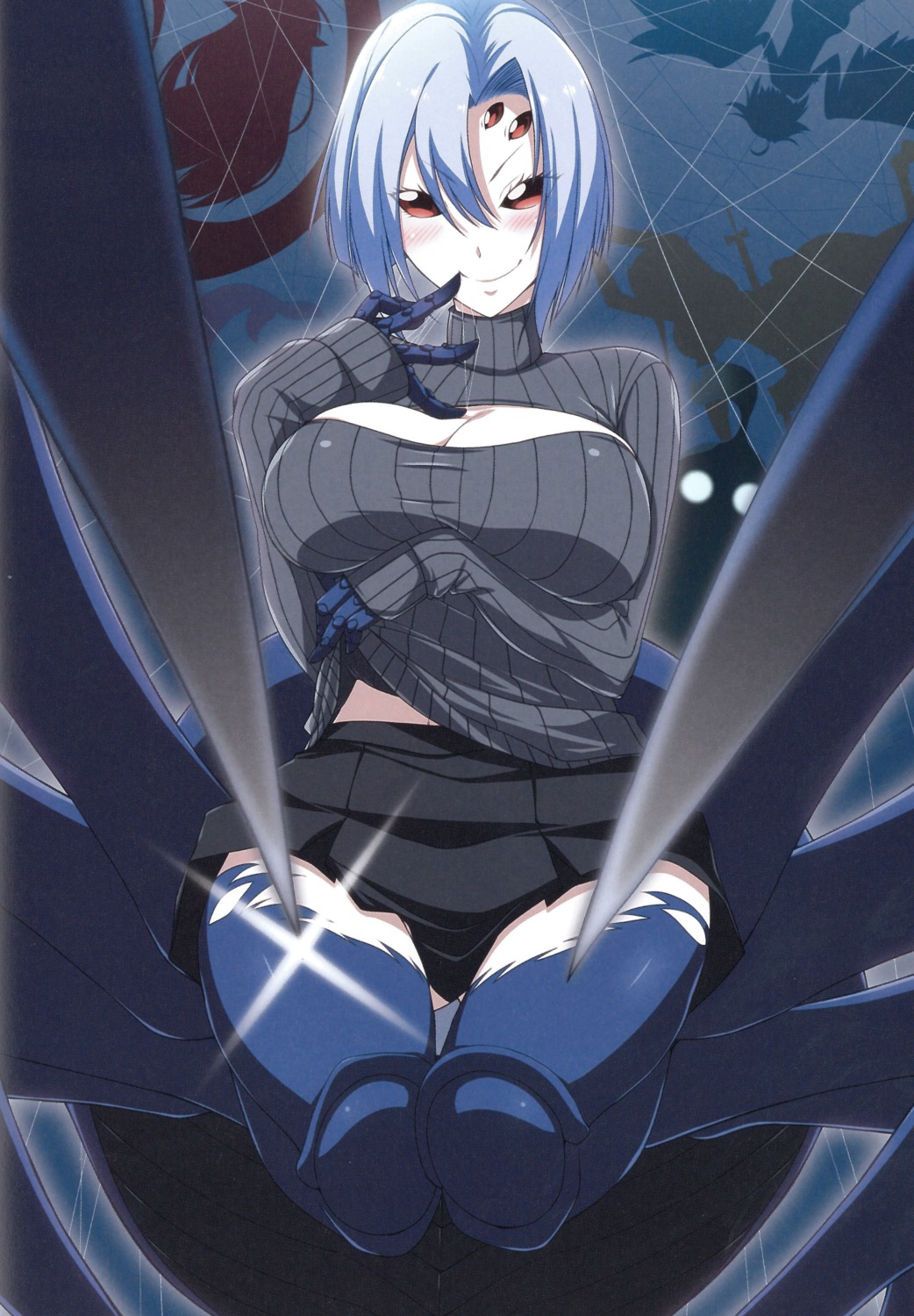 breast_hold, cleavage, miyashiro_sousuke, monster_girl, monster_musume_no_iru_nichijou, rachnera_arachnera, skirt_lift, sweater
