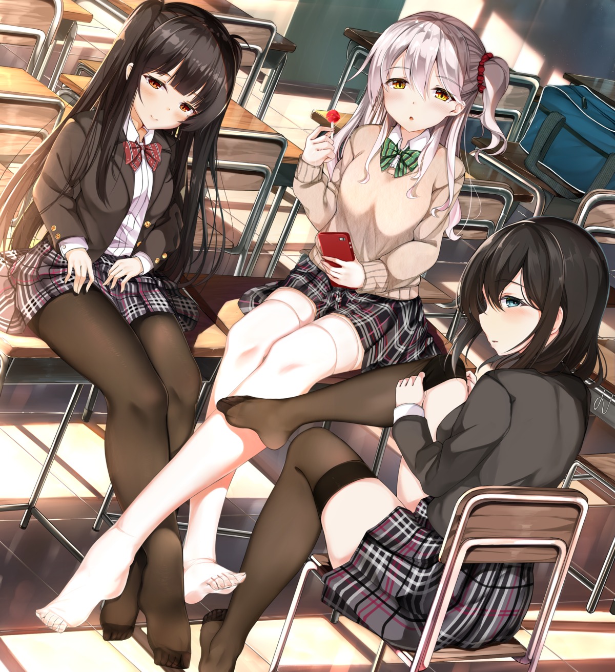 feet, hiiragi_ringo, pantyhose, seifuku, skirt_lift, sweater, thighhighs, undressing