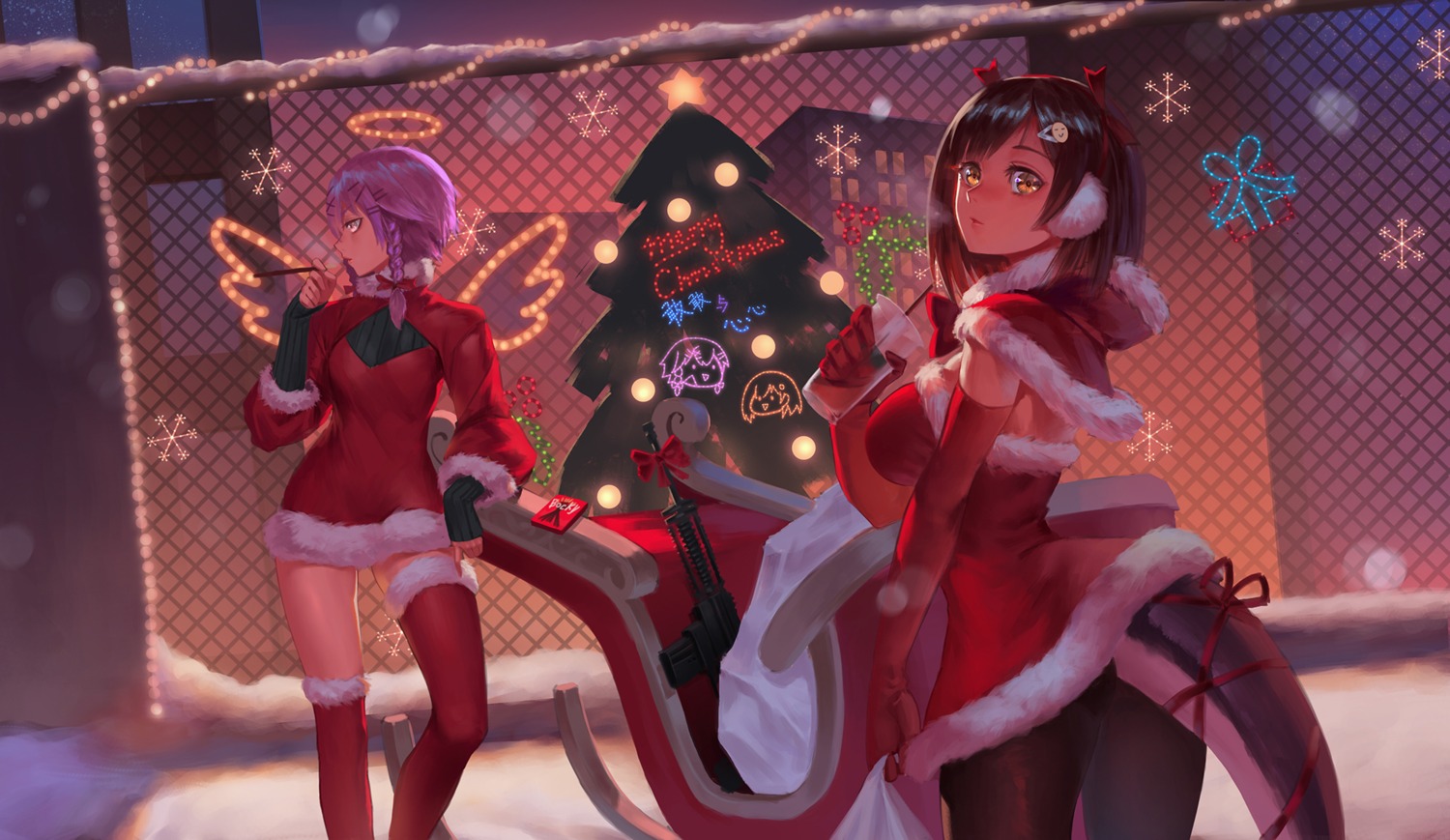 angel, christmas, dress, gun, pantyhose, skirt_lift, tail, thighhighs, wings, yuuuuuuuuuuuuka