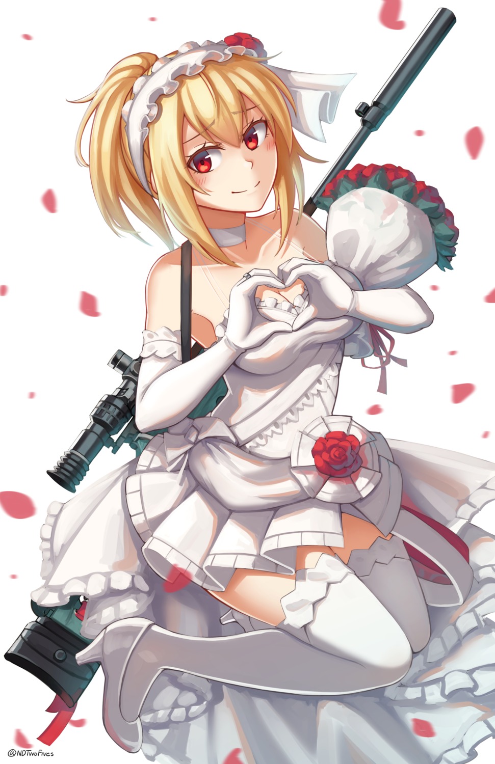 cleavage, dress, girls_frontline, gun, heels, ndtwofives, sv-98_(girls_frontline), thighhighs, wedding_dress