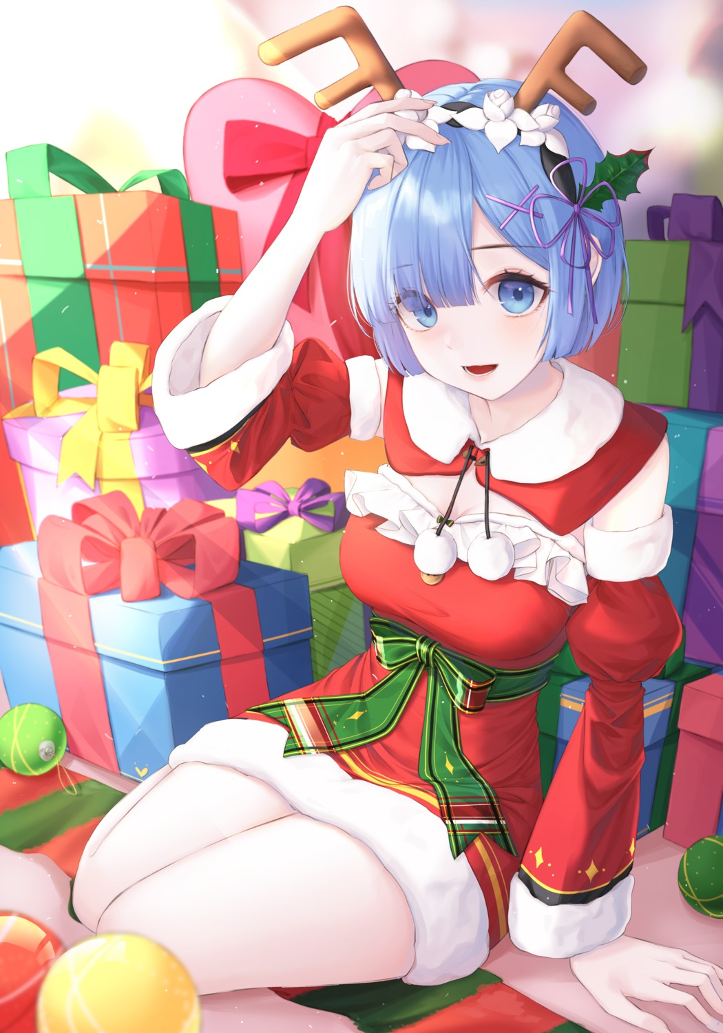 christmas, dress, horns, kongsi, re:zero_kara_hajimeru_isekai_seikatsu, rem_(re_zero)