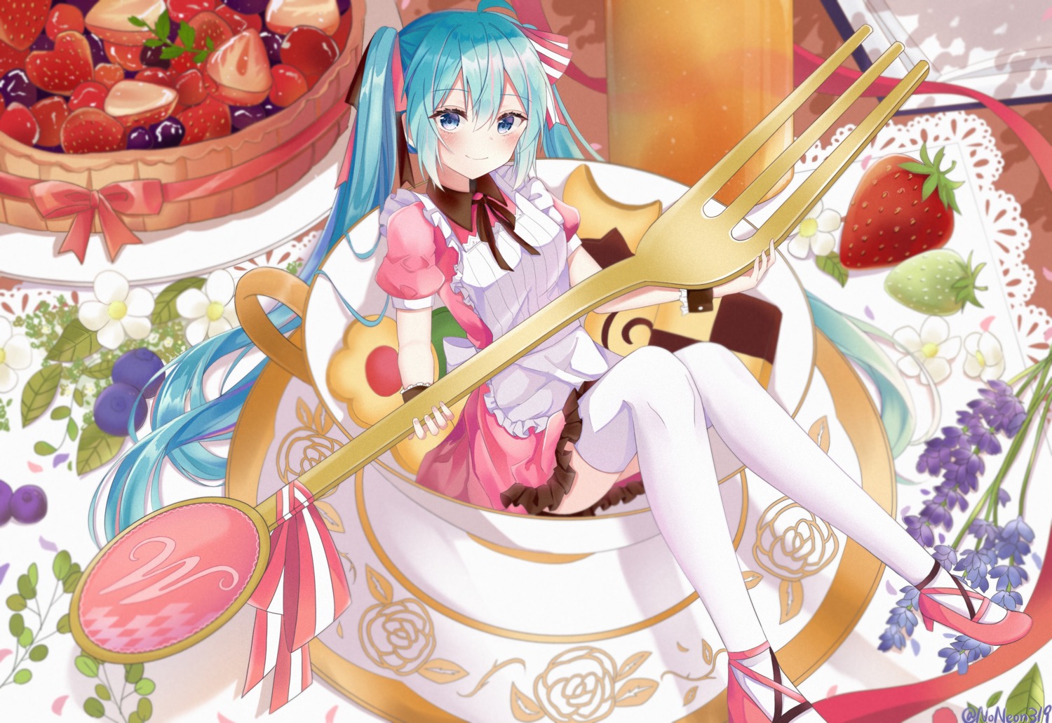 hatsune_miku, heels, maid, noneon319, skirt_lift, thighhighs, vocaloid