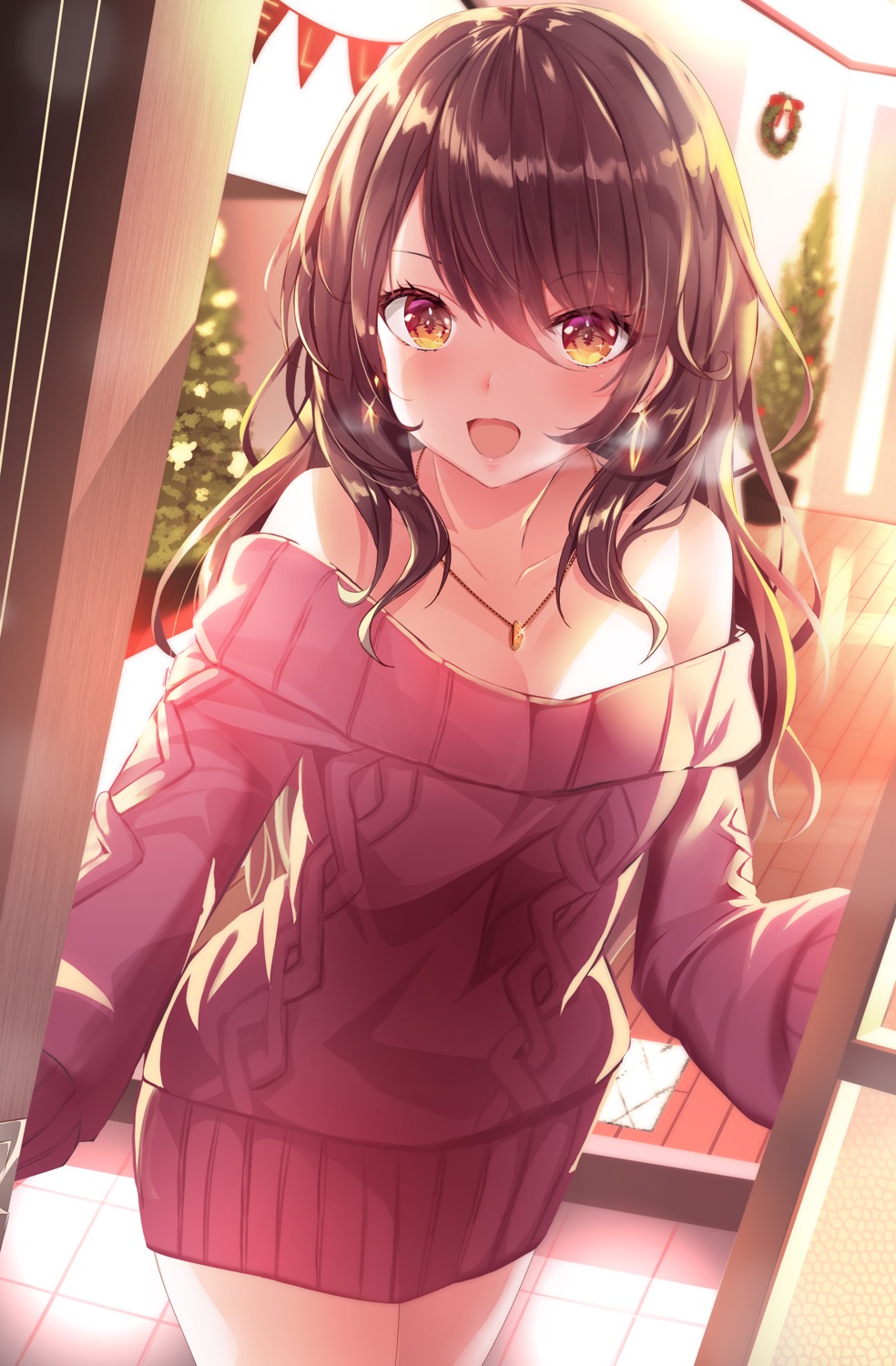christmas, cleavage, dress, haruka_natsuki, no_bra, sweater