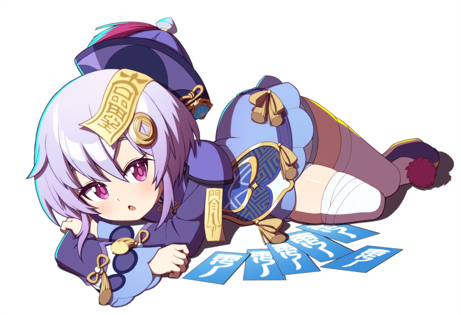 asian_clothes, bandages, genshin_impact, qiqi, sizque, thighhighs
