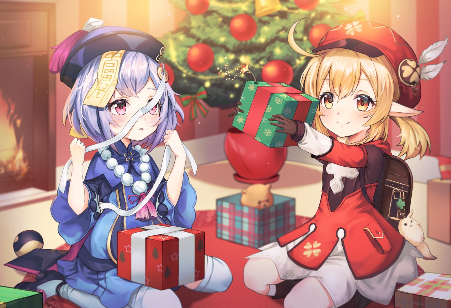 aergia_c, asian_clothes, bandages, christmas, genshin_impact, klee, pointy_ears, qiqi, thighhighs