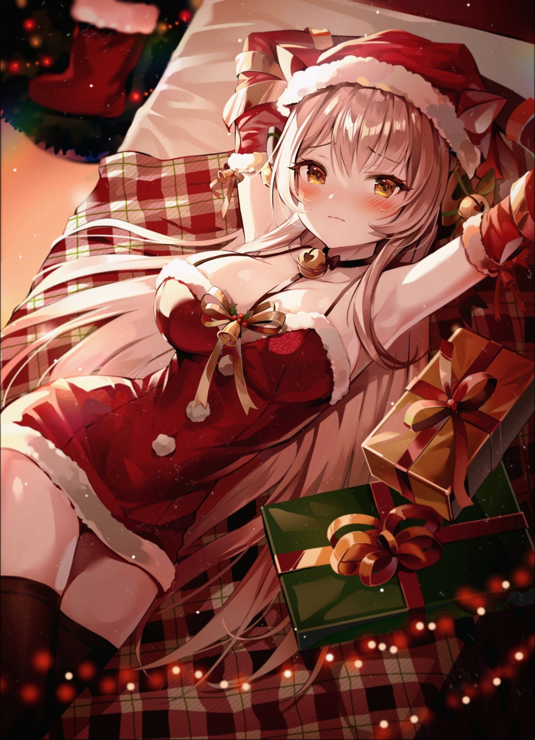 animal_ears, christmas, cleavage, dress, luna_nyann, nekomimi, no_bra, pantsu, thighhighs