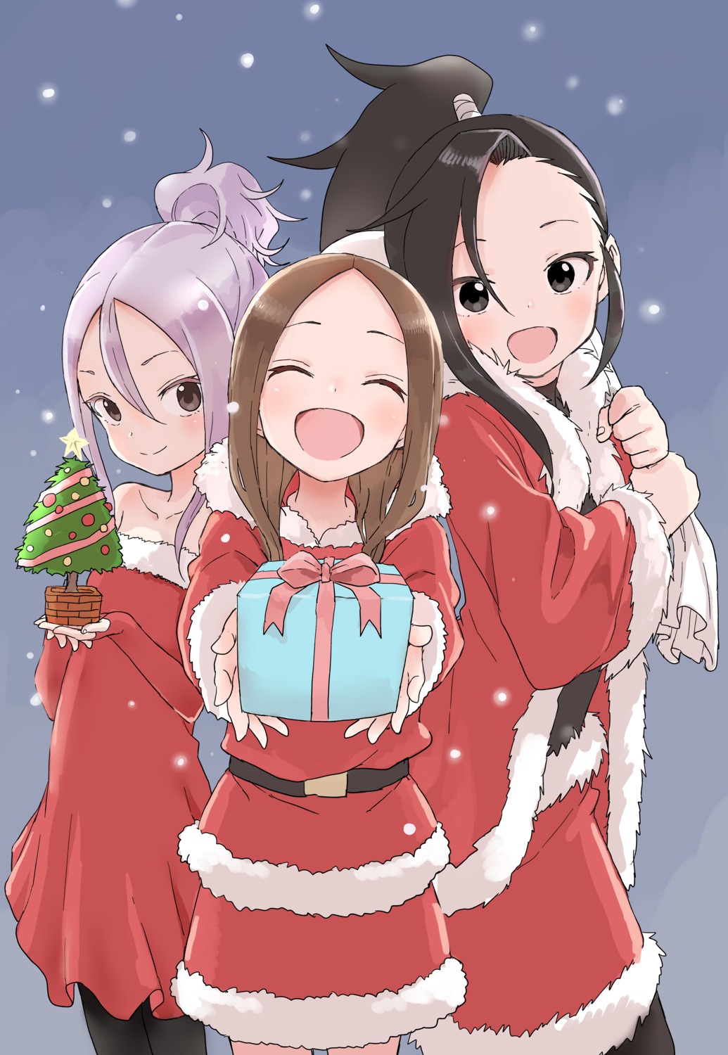 christmas, crossover, dress, karakai_jouzu_no_takagi-san, kunoichi_tsubaki_no_mune_no_uchi, soredemo_ayumu_wa_yosetekuru, takagi-san, tsubaki_(kunoichi_tsubaki_no_mune_no_uchi)