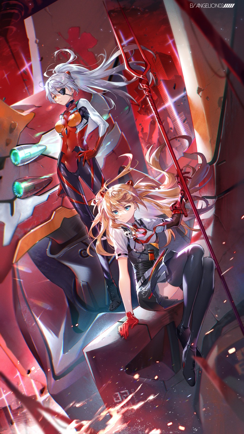 benghuai_xueyuan, bodysuit, cosplay, crossover, eva_02, eyepatch, heels, honkai_impact, kiana_kaslana, mecha, neon_genesis_evangelion, skirt_lift, souryuu_asuka_langley, tagme, thighhighs, weapon