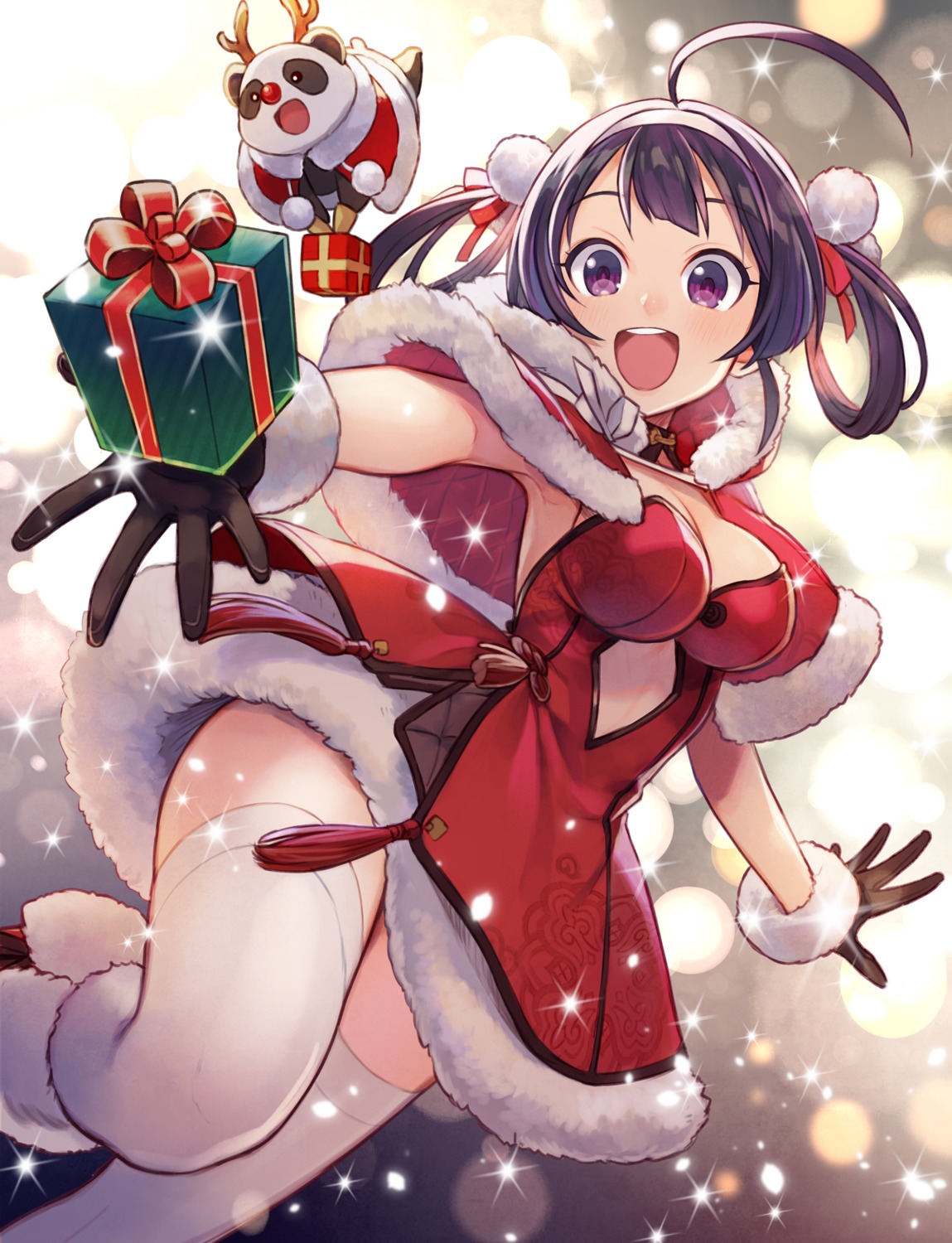 asian_clothes, azur_lane, christmas, cleavage, ning_hai_(azur_lane), skirt_lift, thighhighs, yuko_(uc_yuk)