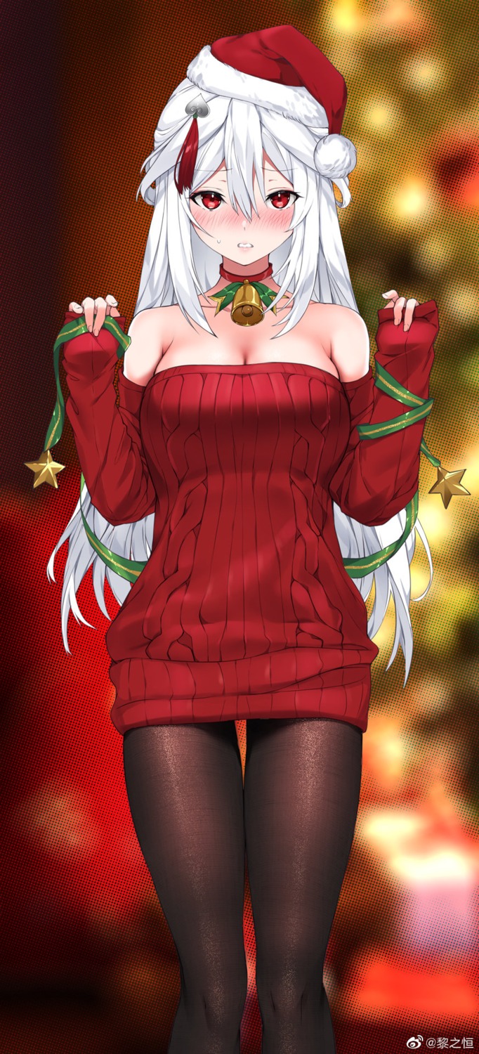christmas, cleavage, dress, li_zhiheng, no_bra, pantyhose, sweater