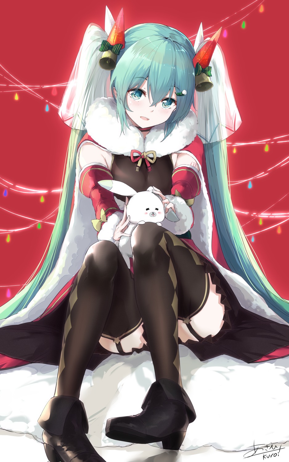 asahi_kuroi, christmas, hatsune_miku, heels, skirt_lift, stockings, thighhighs, vocaloid
