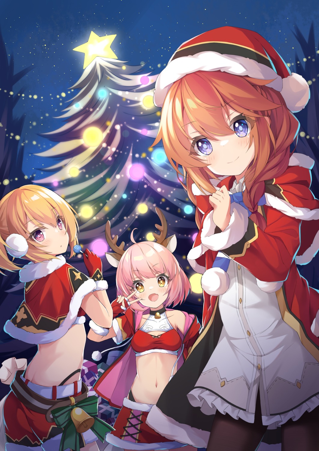 animal_ears, christmas, cleavage, dress, horns, kazama_chieru, kuroe_hanako, lr_(last_remote_514), pantsu, pantyhose, princess_connect!, princess_connect!_re:dive, shingyouji_yuni