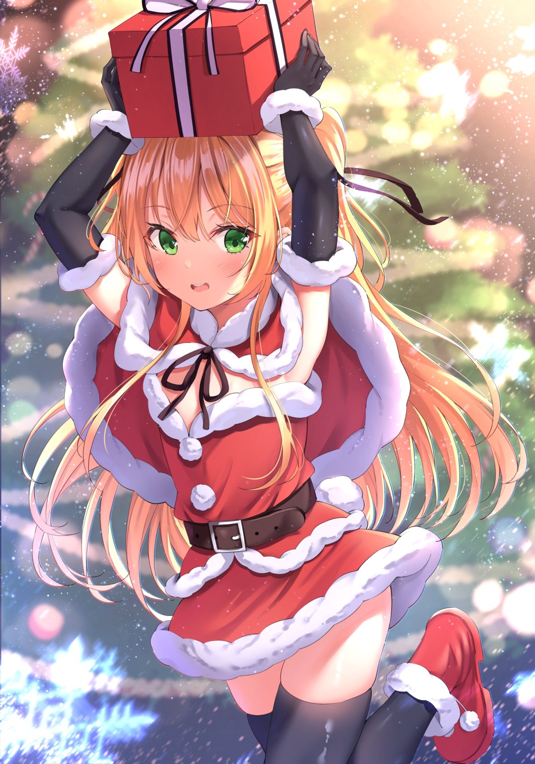 christmas, no_bra, skirt_lift, thighhighs, xue_lu