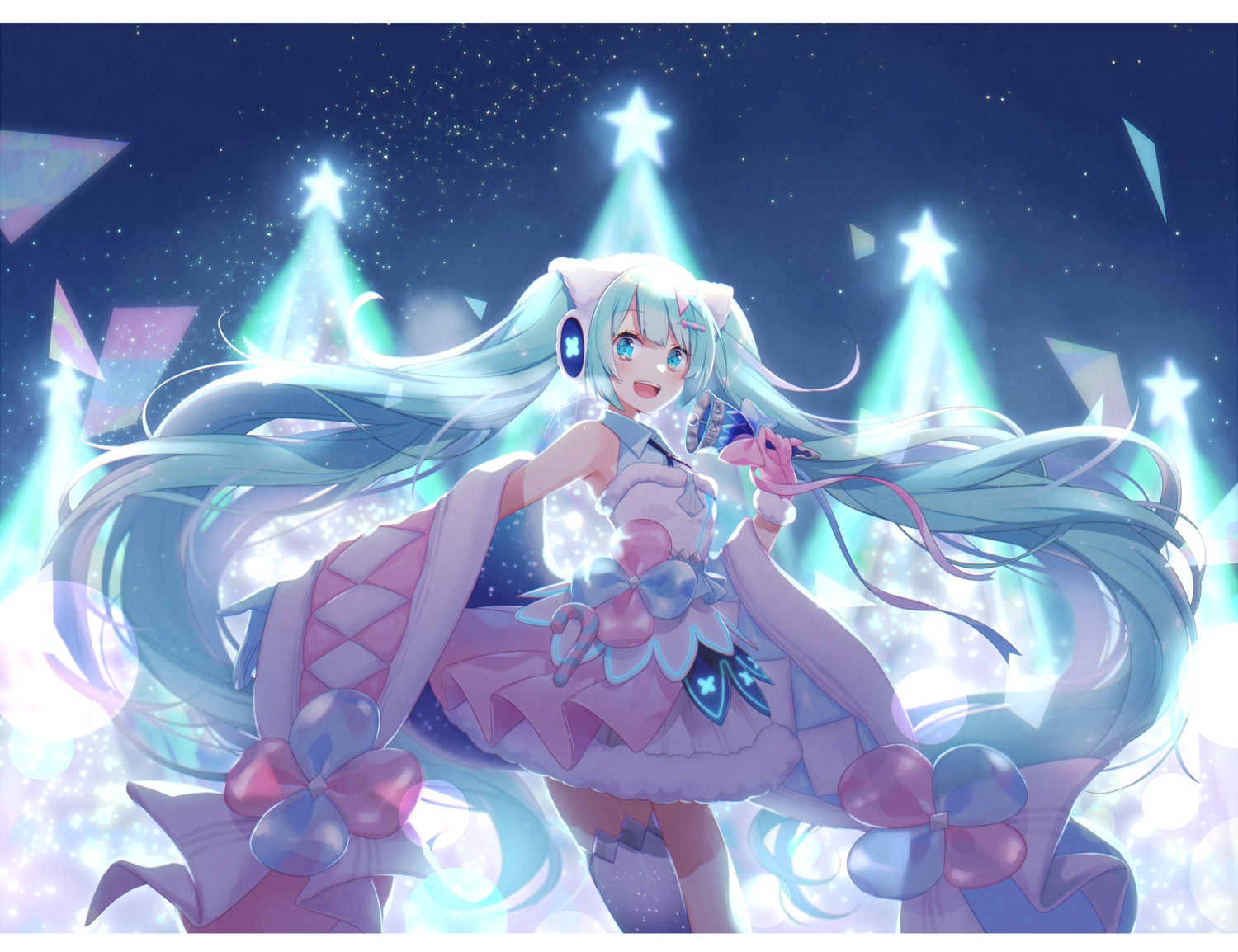 asagao_minoru, christmas, dress, hatsune_miku, headphones, magical_mirai, thighhighs, vocaloid