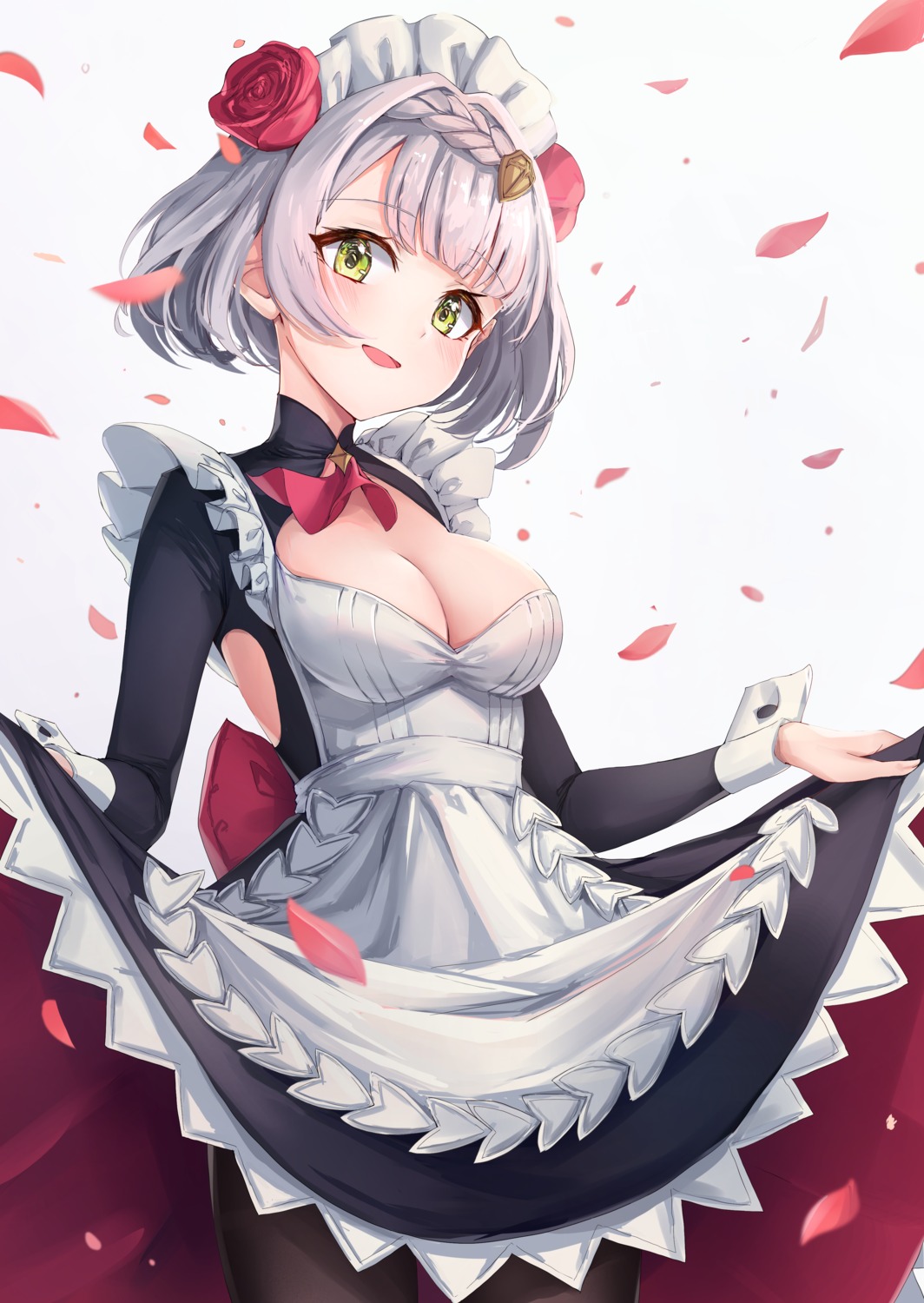 chirang, cleavage, genshin_impact, maid, no_bra, noelle_(genshin_impact), pantyhose, skirt_lift