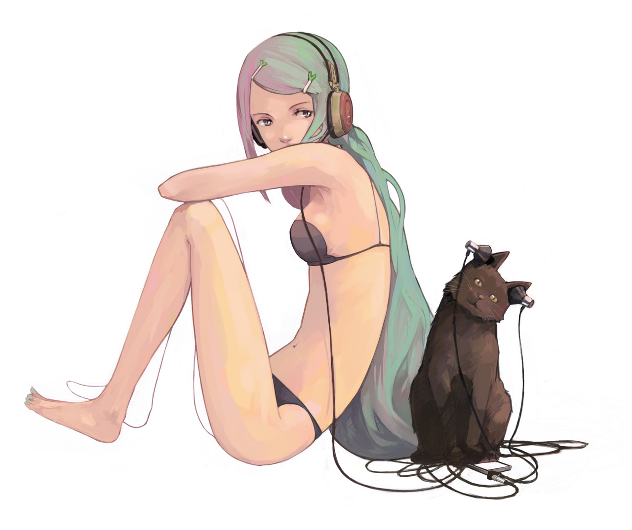 bra, guitar_(artist), hatsune_miku, headphones, neko, pantsu, vocaloid