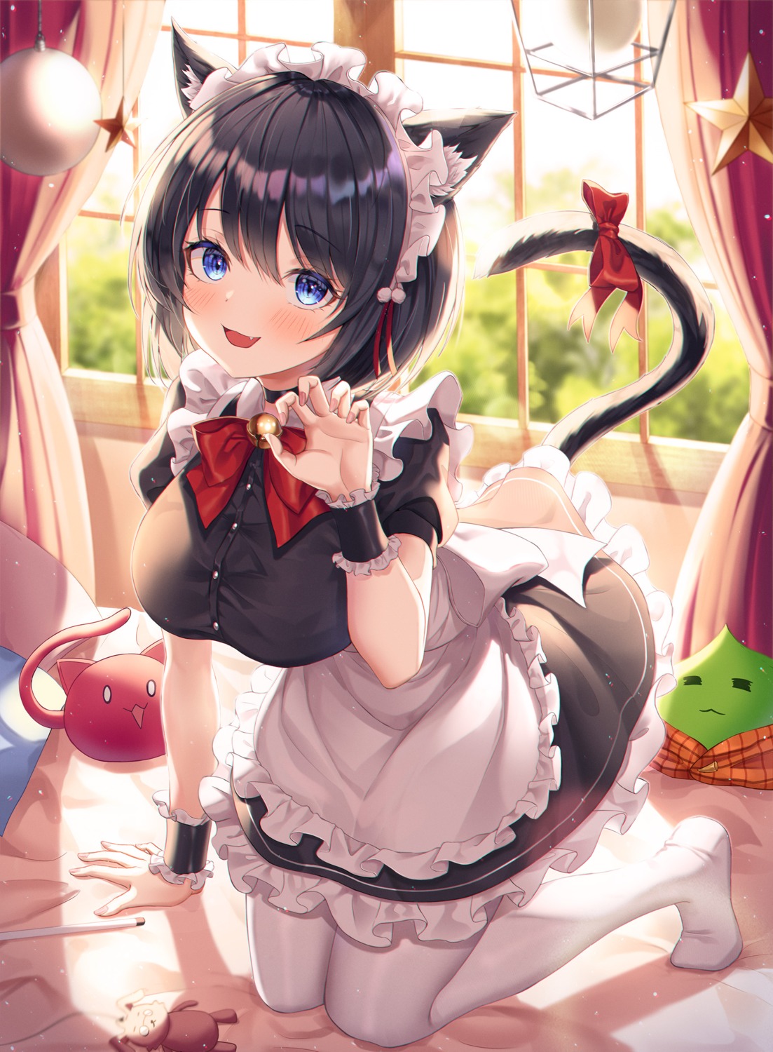 animal_ears, fall_(aki), maid, nekomimi, pantyhose, skirt_lift, tail