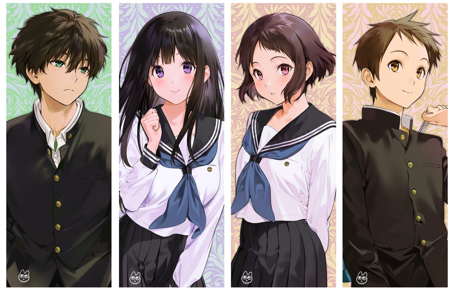 chitanda_eru, fukube_satoshi, hyouka, ibara_mayaka, mery_(yangmalgage), oreki_houtarou, seifuku