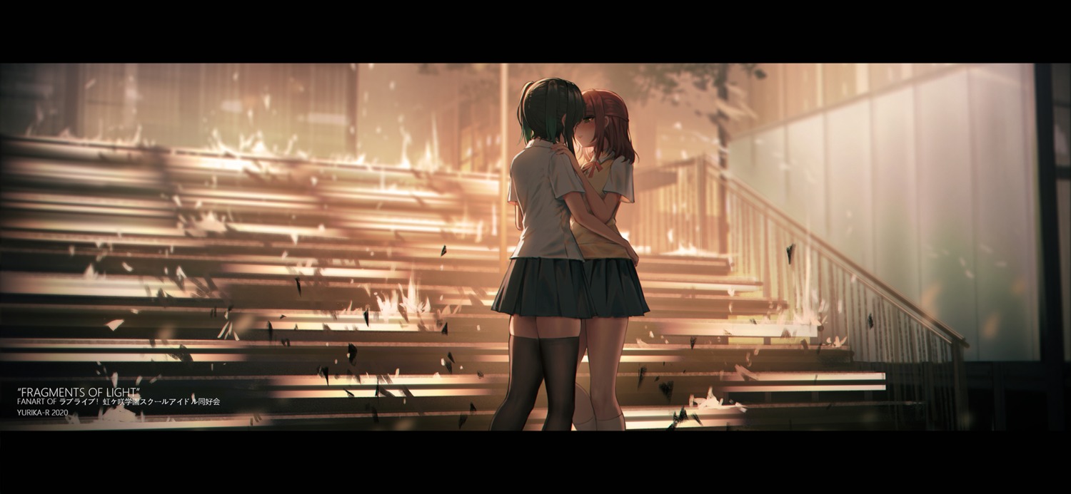 landscape, love_live!_(series), love_live!_nijigasaki_gakuen_school_idol_doukoukai, seifuku, sweater, takasaki_yuu, thighhighs, uehara_ayumu, yuri, yurichtofen