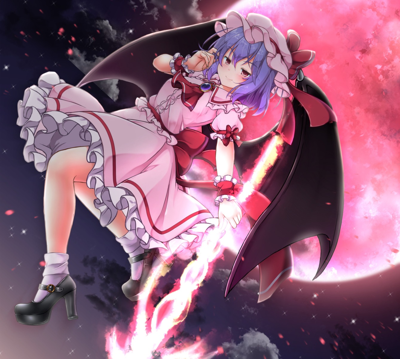 aka_tawashi, heels, remilia_scarlet, skirt_lift, touhou, weapon, wings