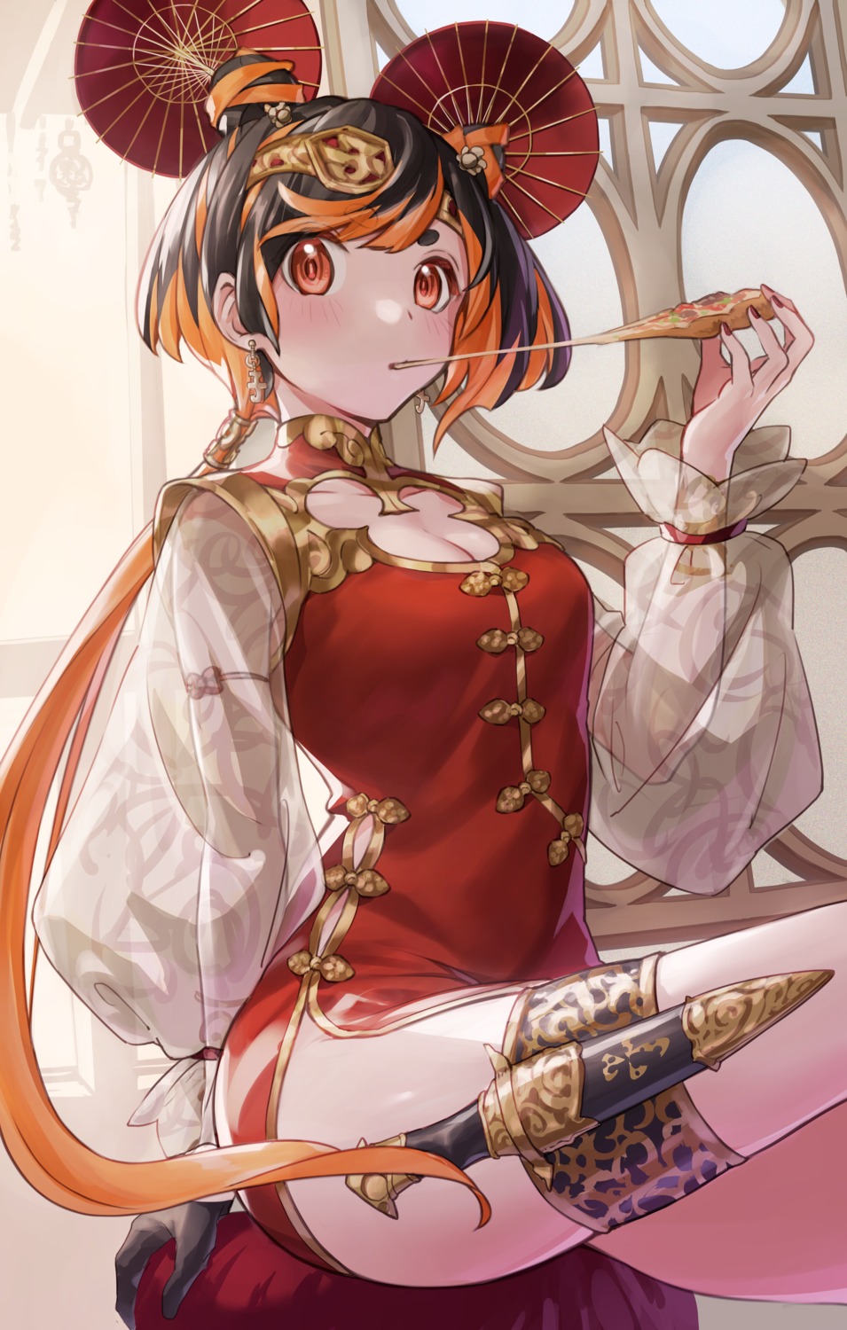 chinadress, cleavage, garter, nemoto_yuuma, see_through, skirt_lift, umbrella, weapon
