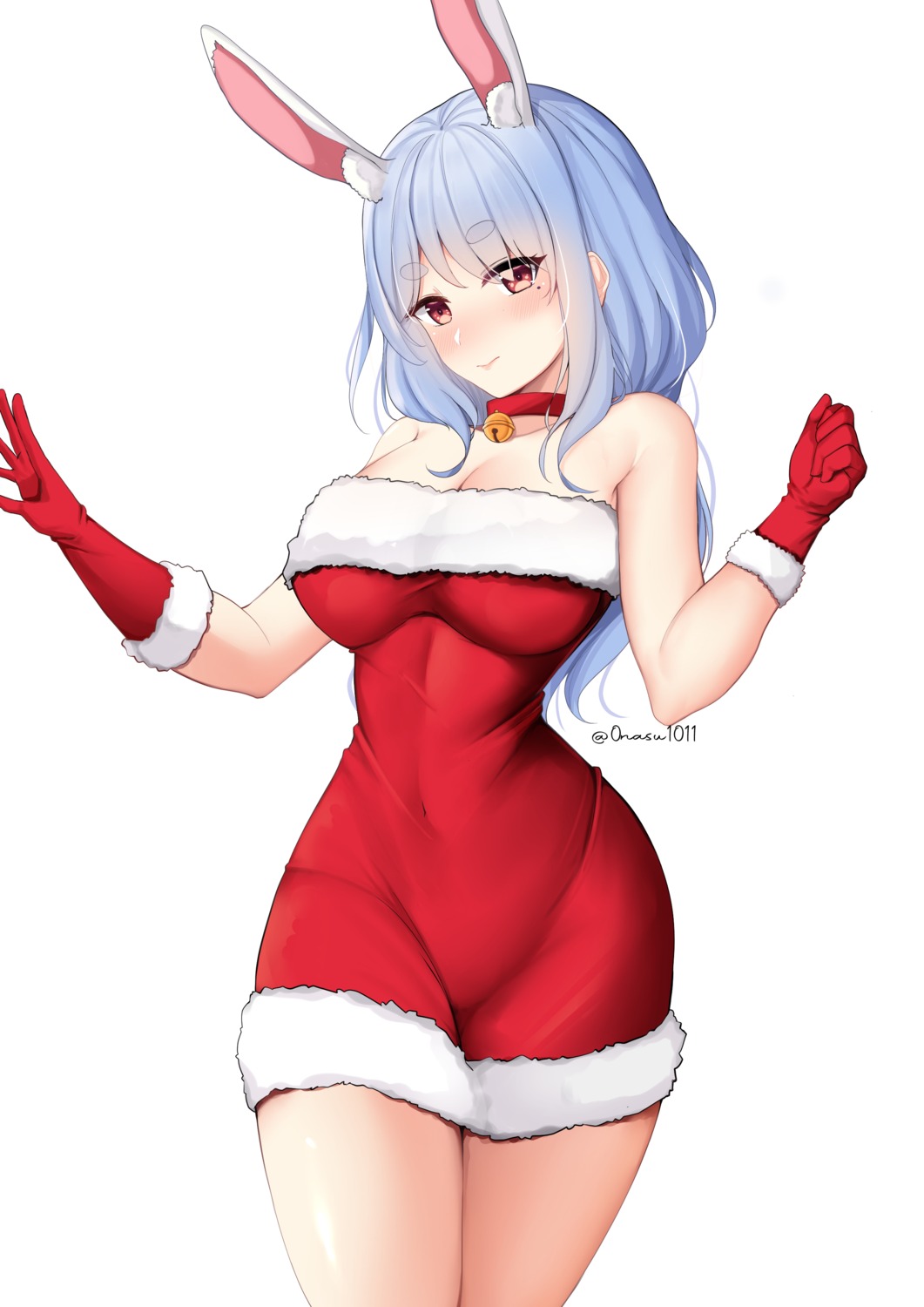 animal_ears, bunny_ears, christmas, cleavage, dress, hololive, nassss, usada_pekora