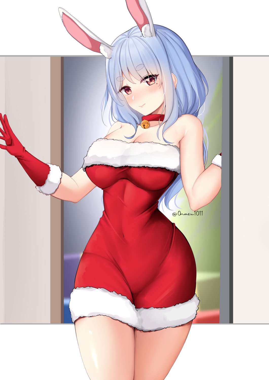 animal_ears, bunny_ears, christmas, cleavage, dress, hololive, nassss, usada_pekora