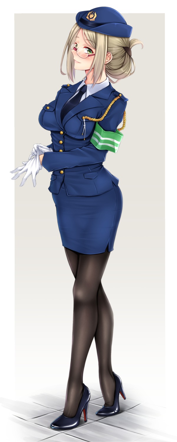 heels, kantai_collection, katori_(kancolle), megane, pantyhose, police_uniform, siki2046