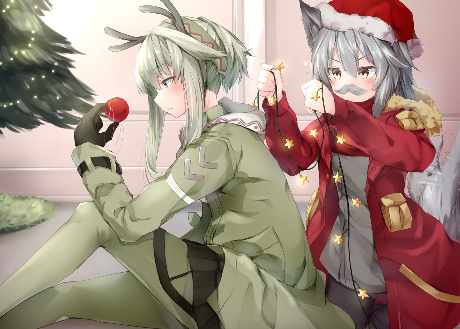 animal_ears, arknights, christmas, firewatch_(arknights), horns, pantyhose, projekt_red_(arknights), skirt_lift