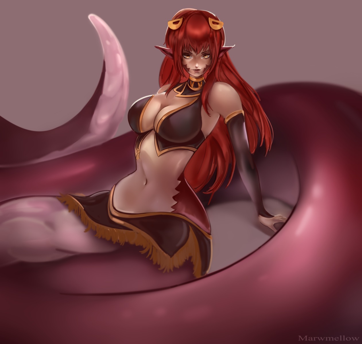 bikini_armor, cleavage, marwmellow, miia_(monster_musume), monster_girl, monster_musume_no_iru_nichijou, pointy_ears, tail