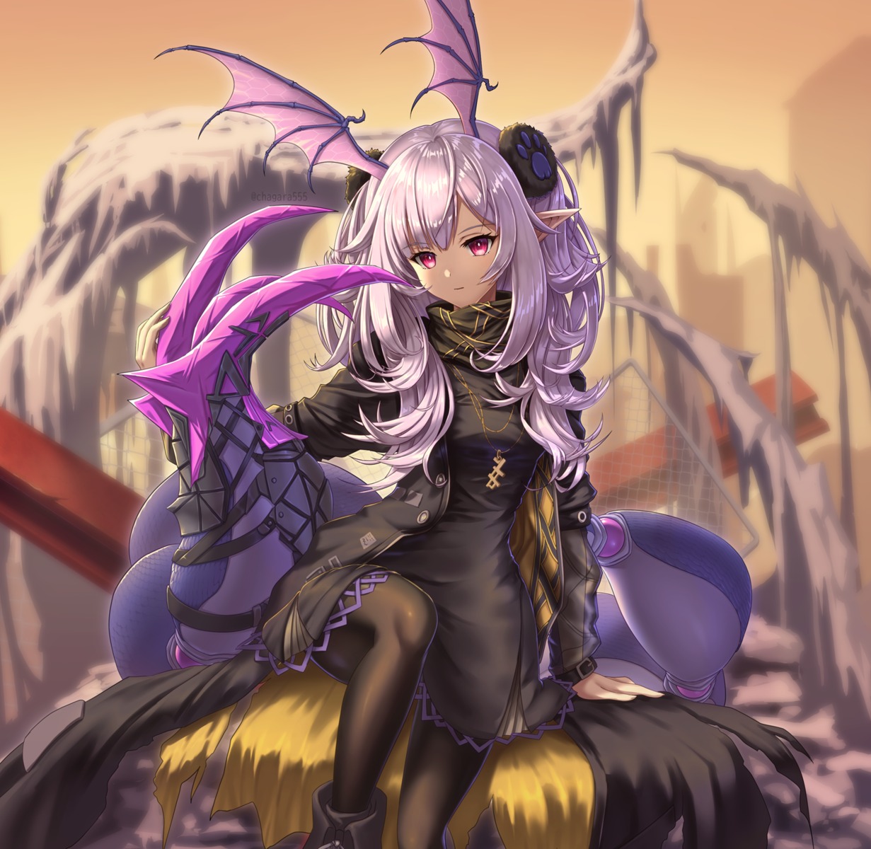 arknights, dress, kurage, manticore_(arknights), pantyhose, pointy_ears, skirt_lift, wings