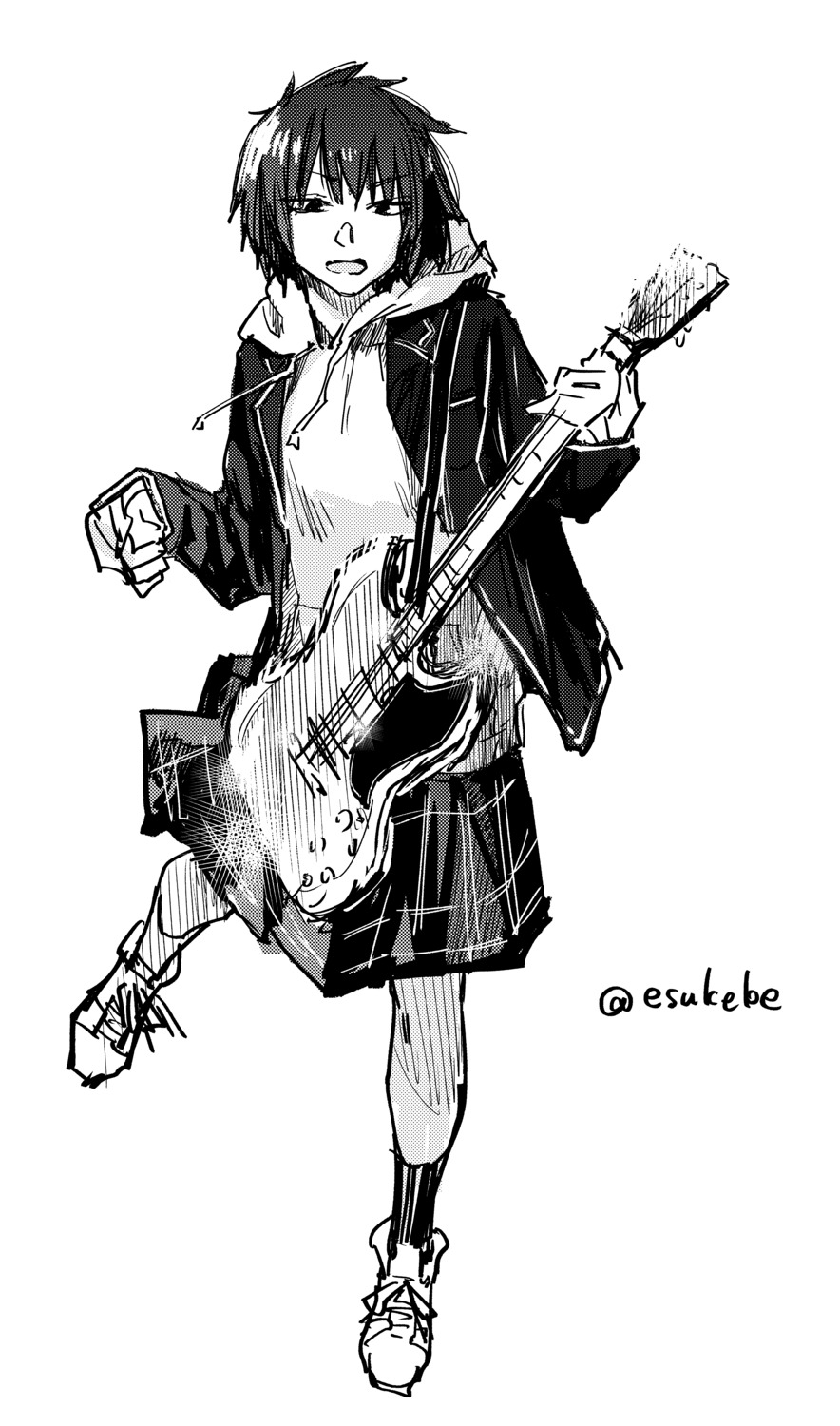 esuke, guitar, monochrome, seifuku, sketch