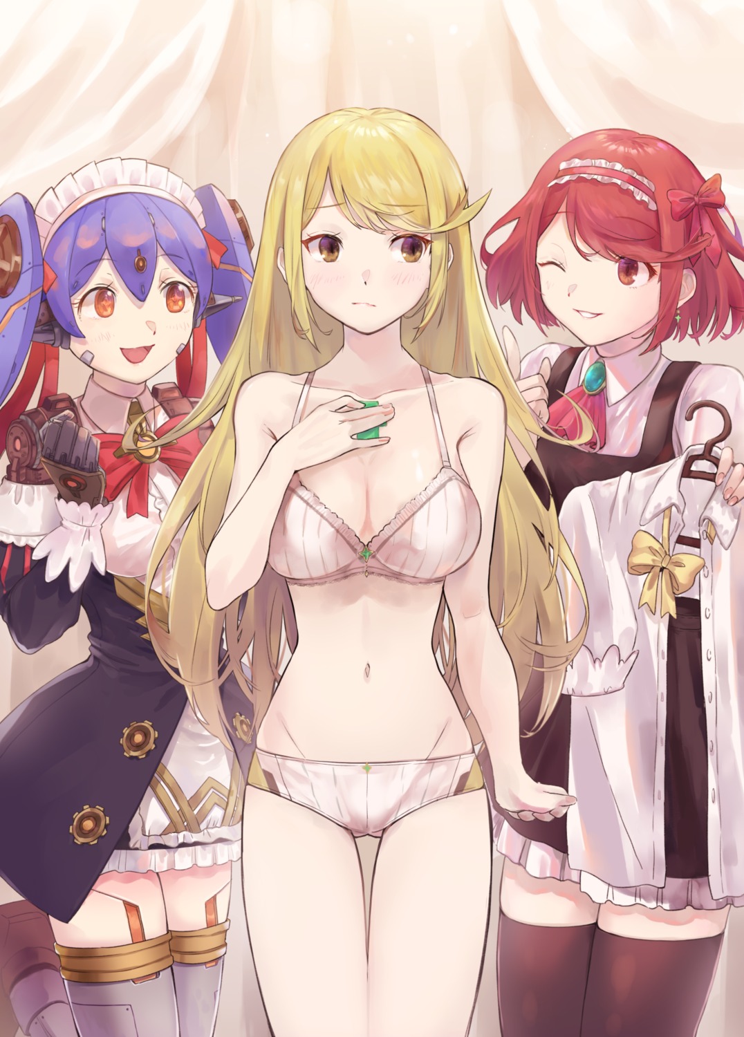 bra, cleavage, fujie-yz, hana_(xenoblade_2), hana_jk, hikari_(xenoblade_2), homura_(xenoblade_2), lingerie, maid, mecha_musume, pantsu, thighhighs, xenoblade_(series), xenoblade_2
