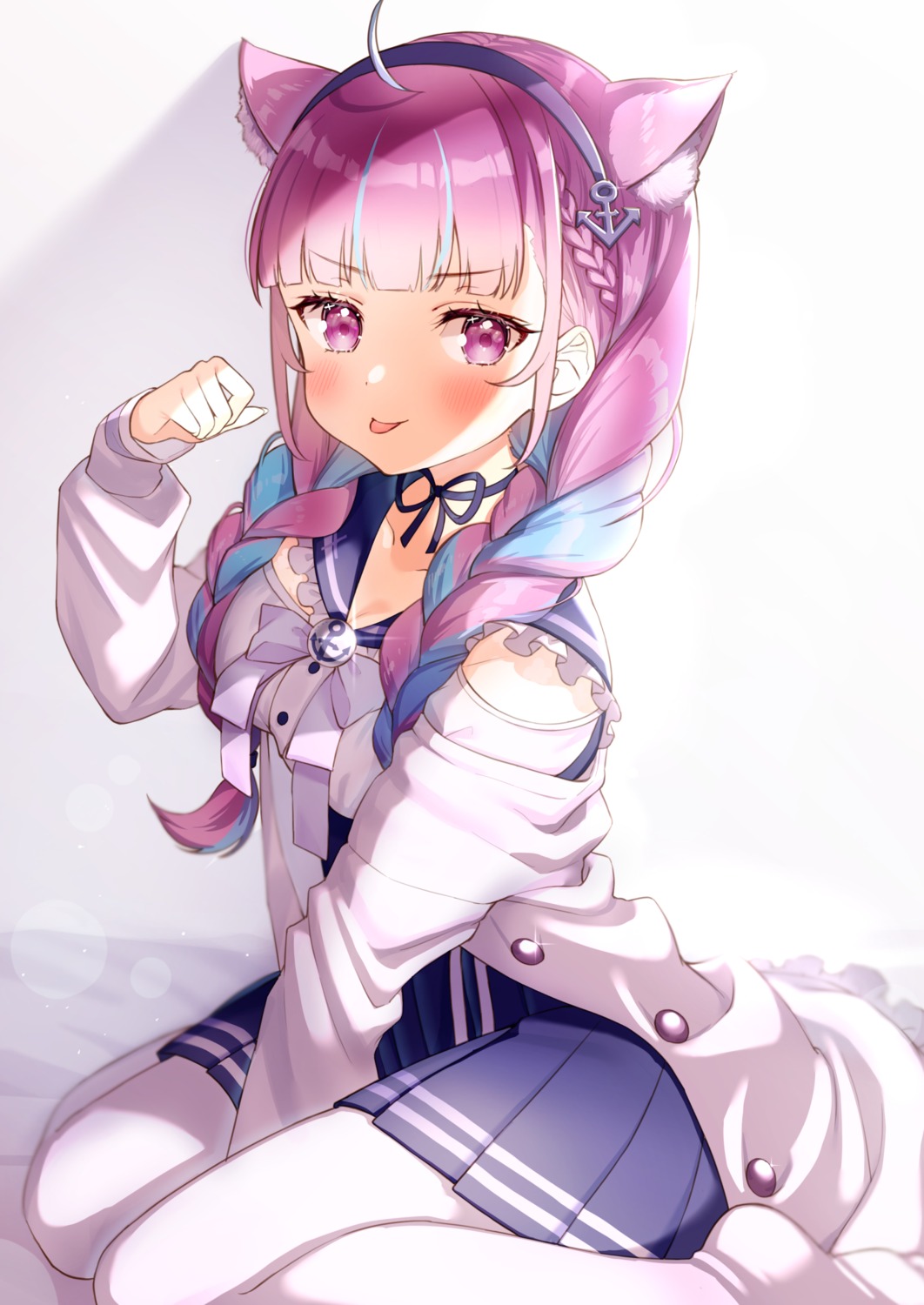 animal_ears, hololive, luna_(mi-chanman), minato_aqua, nekomimi, pantyhose, seifuku