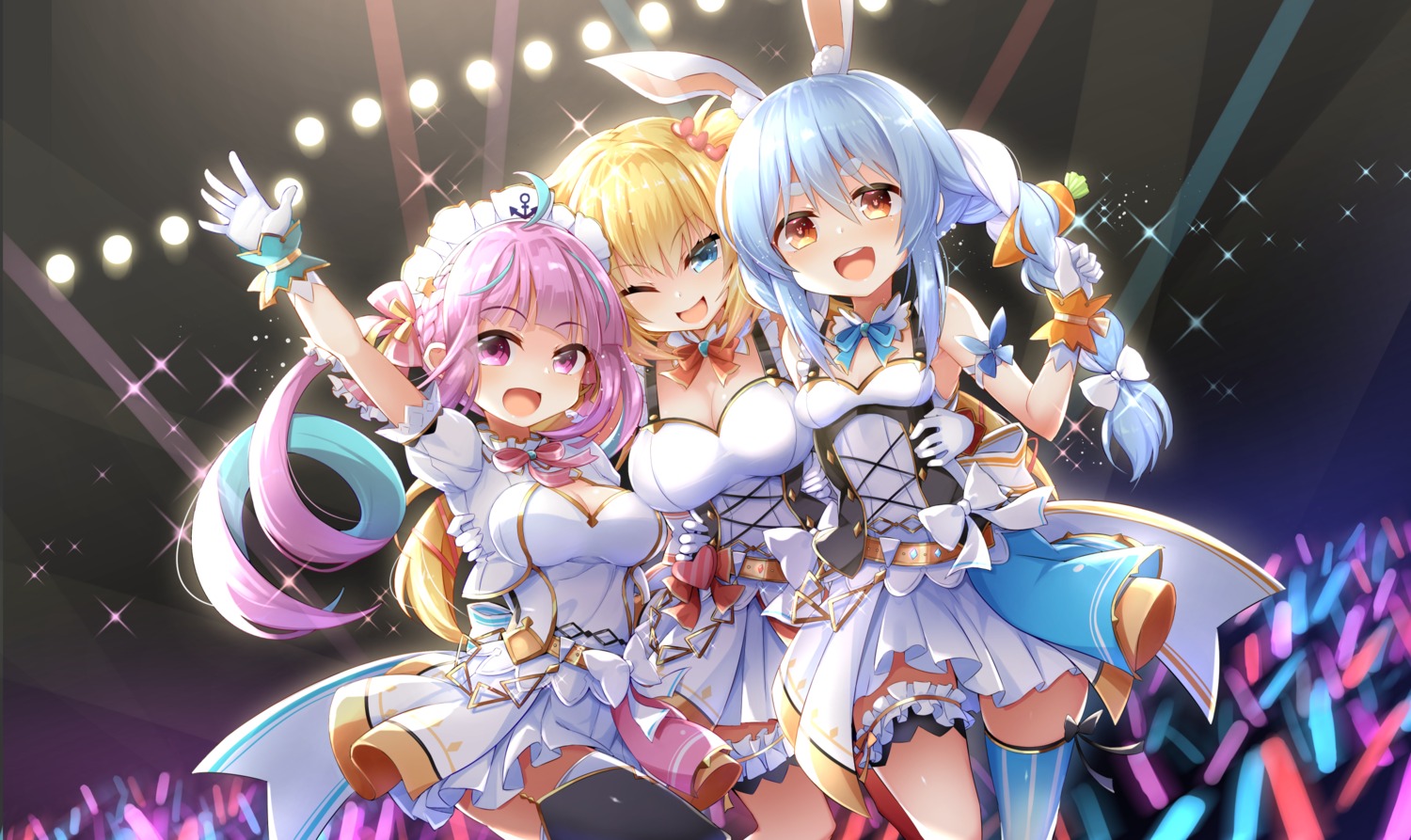 akai_haato, animal_ears, bunny_ears, cleavage, garter, hololive, minato_aqua, sasamashin, thighhighs, usada_pekora