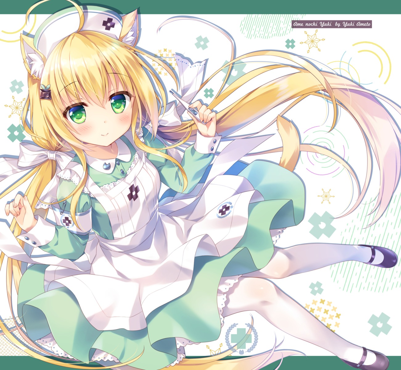 ameto_yuki, animal_ears, choco_mint_(ameto_yuki), kitsune, nurse, pantyhose, skirt_lift, tail