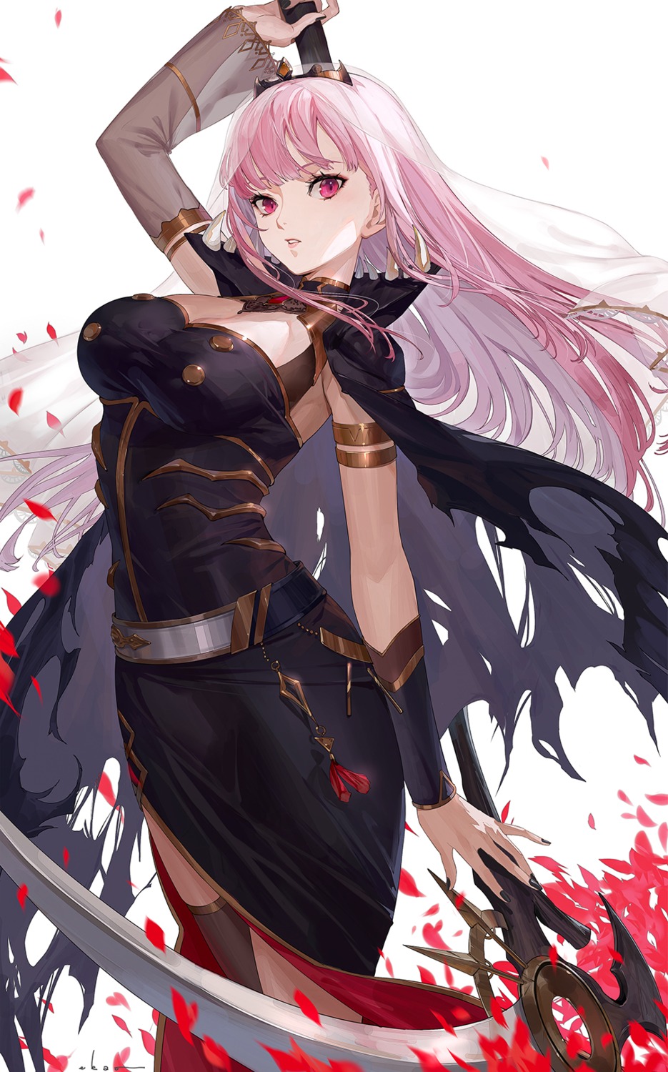 cleavage, ekao, hololive, hololive_english, mori_calliope, thighhighs, weapon