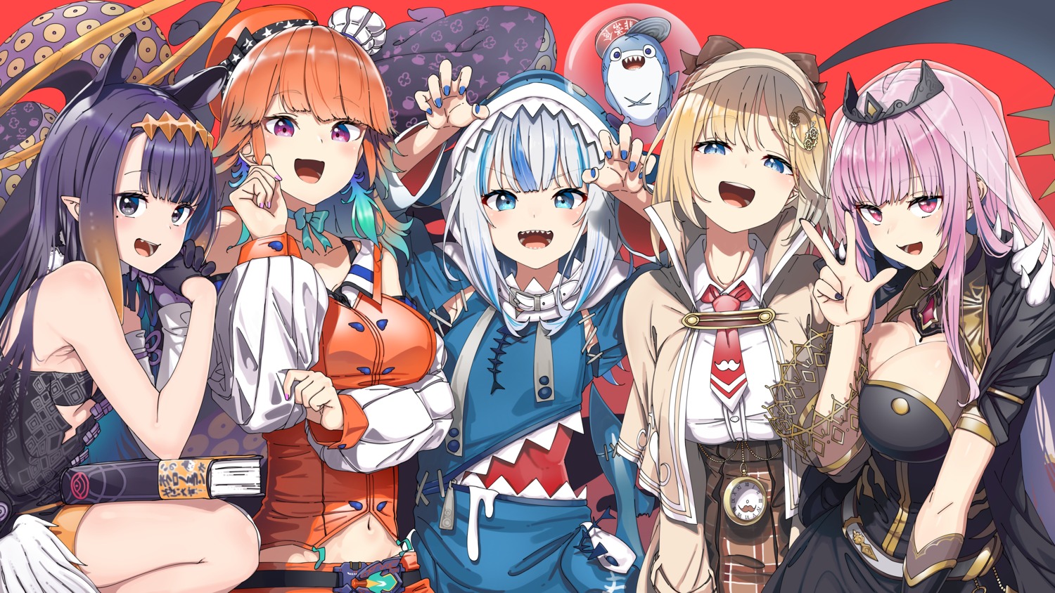 gawr_gura, hololive, hololive_english, mori_calliope, ninomae_ina'nis, no_bra, pointy_ears, seifuku