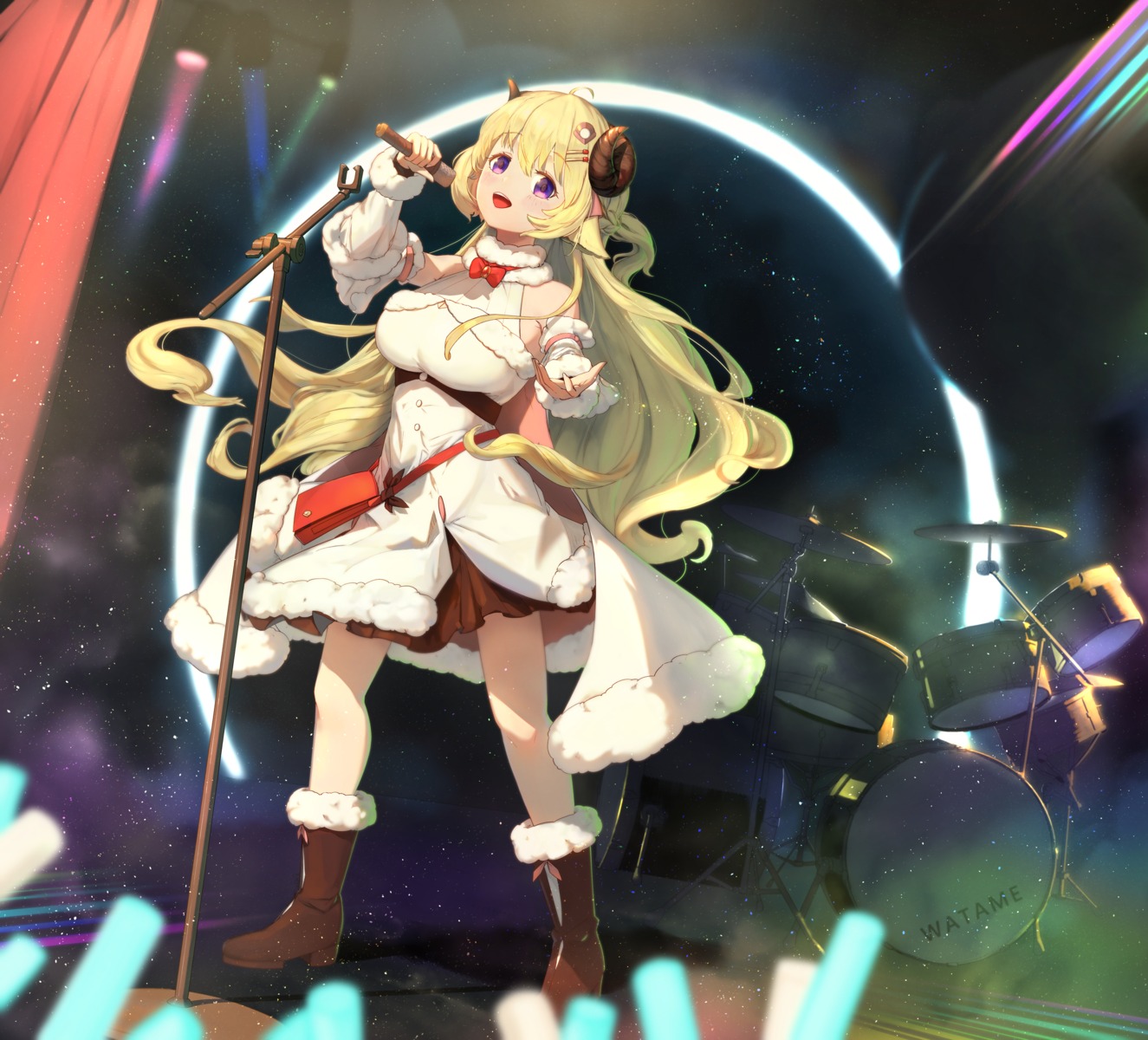 animal_ears, dress, hololive, horns, saliu, tsunomaki_watame