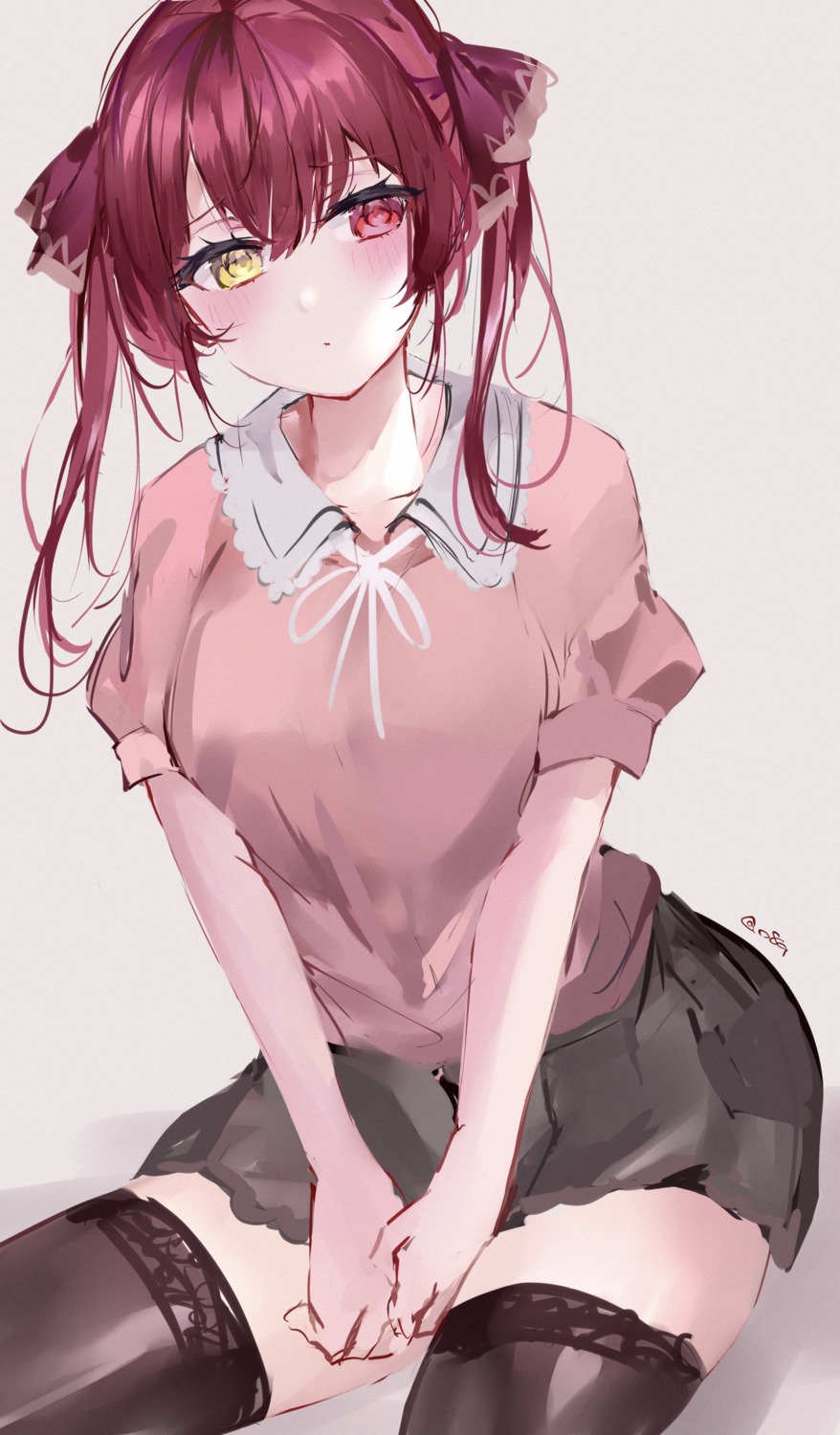 heterochromia, hololive, houshou_marine, mile_(off8mile), sketch, thighhighs