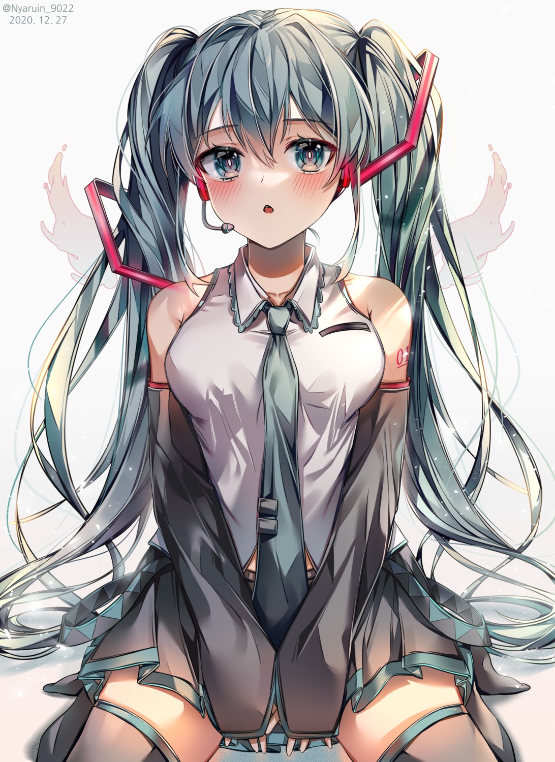 hatsune_miku, headphones, nyaruin, tattoo, thighhighs, vocaloid