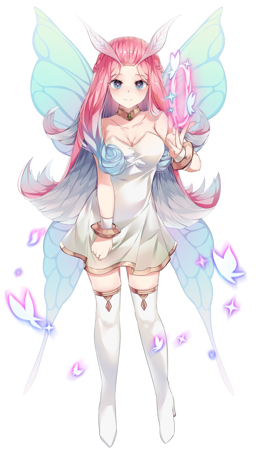 afk_arena, cleavage, dress, heels, no_bra, nyaruin, thighhighs, wings
