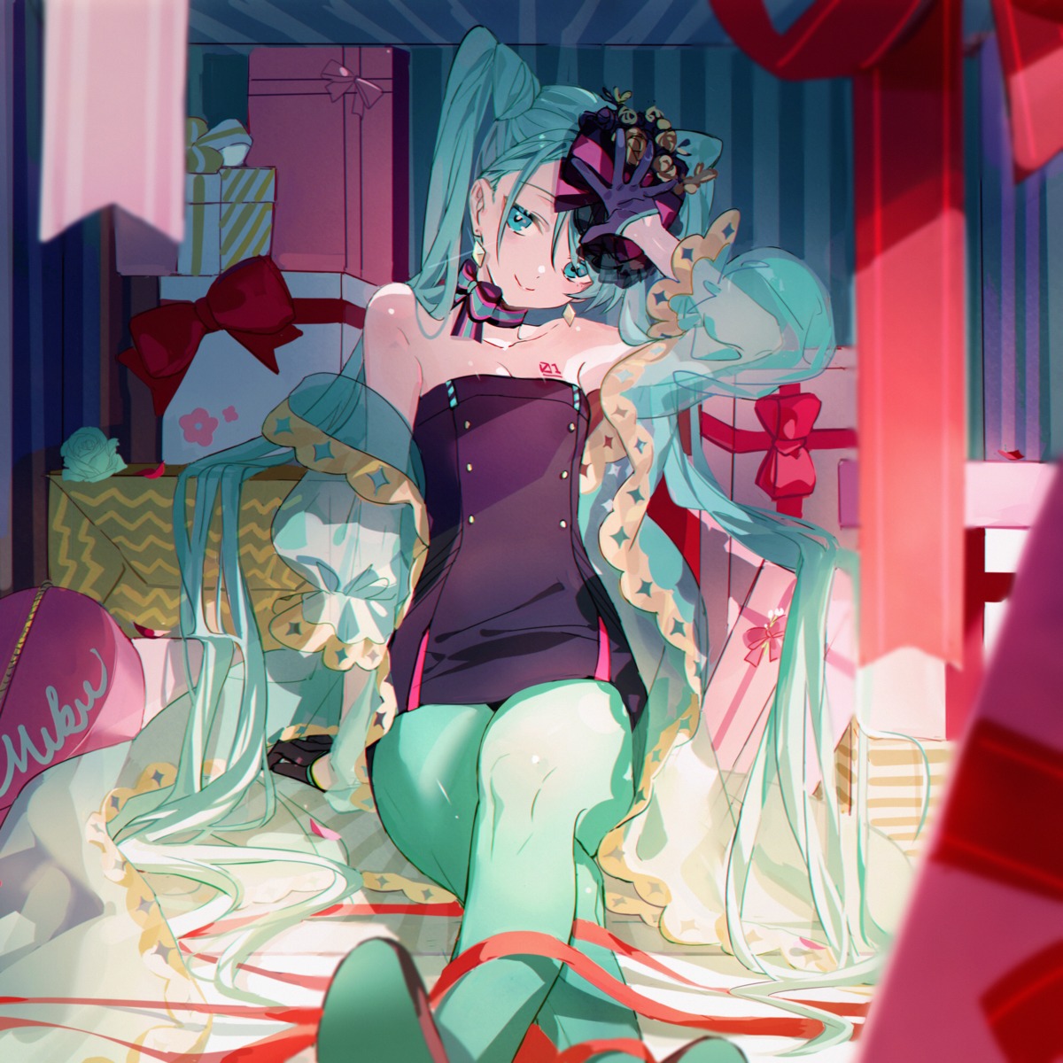 cleavage, dress, hatsune_miku, kanose, pantyhose, tattoo, vocaloid