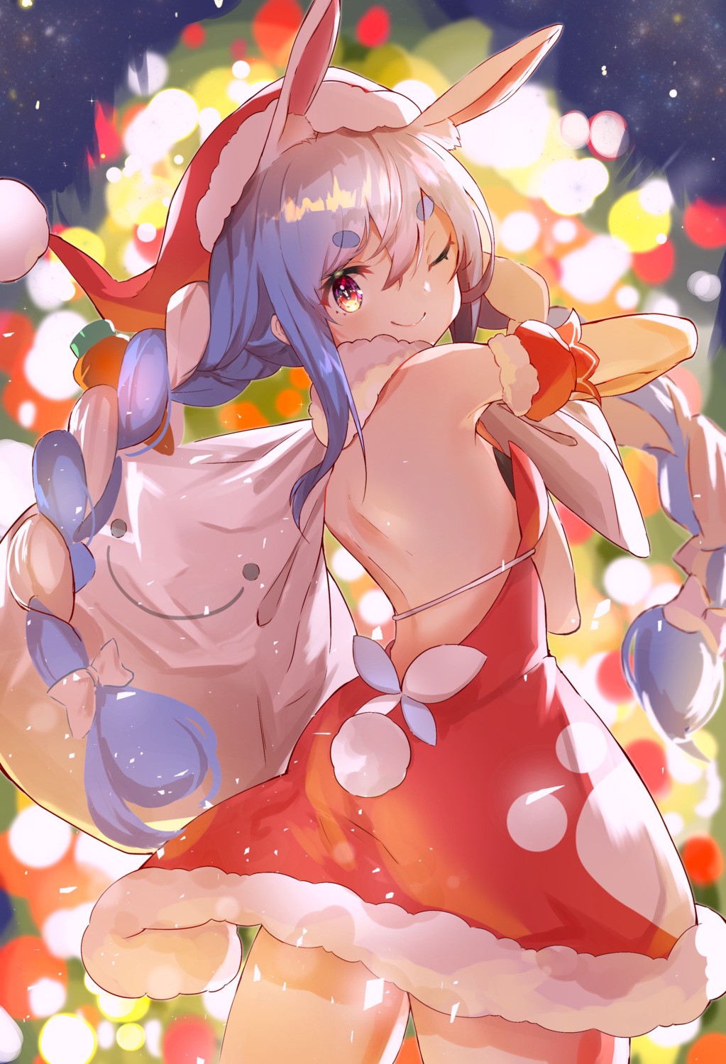 animal_ears, bunny_ears, christmas, dress, furuki_ayaginutaira, hololive, no_bra, tail