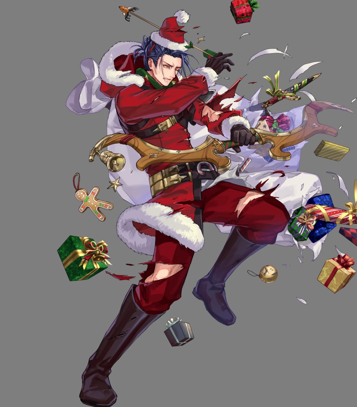 christmas, cloverk, duplicate, felix_(fire_emblem), fire_emblem, fire_emblem_heroes, fire_emblem_three_houses, nintendo, torn_clothes, weapon