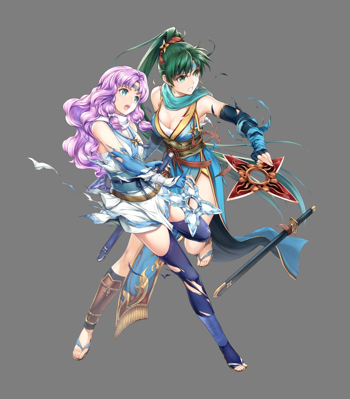 asian_clothes, duplicate, fire_emblem, fire_emblem:_rekka_no_ken, fire_emblem_heroes, florina, lyndis_(fire_emblem), ninja, nintendo, sarashi, sword, thighhighs, torn_clothes, weapon, yamada_koutarou
