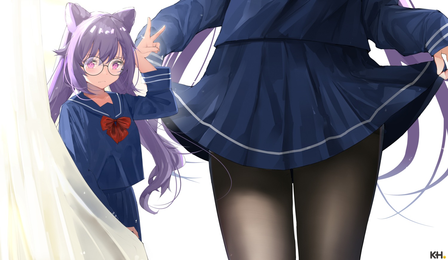 genshin_impact, kebohan, keqing, megane, pantyhose, seifuku, skirt_lift