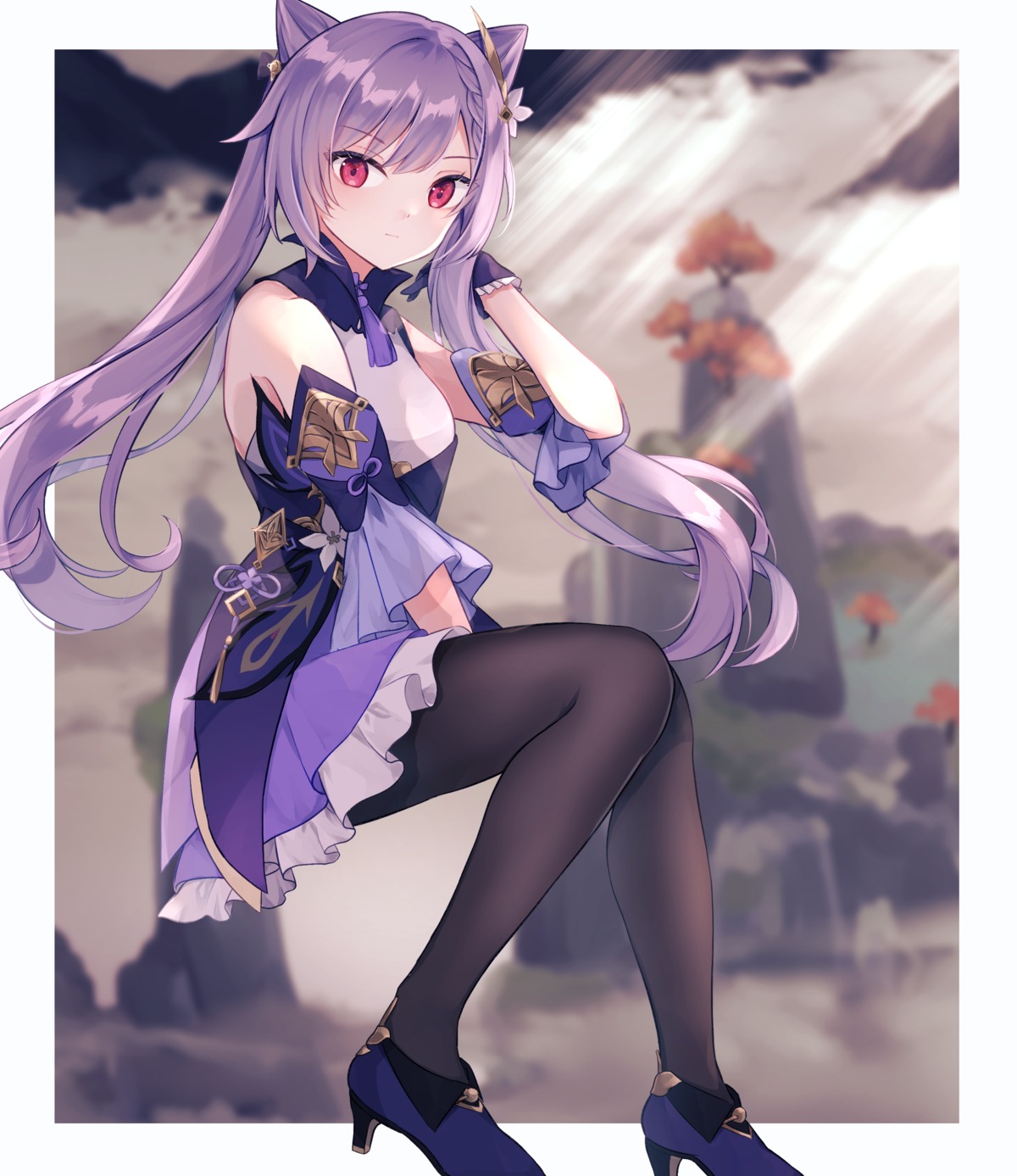 asian_clothes, genshin_impact, heels, keqing, pantyhose, skirt_lift, yua_(bokubo0806)